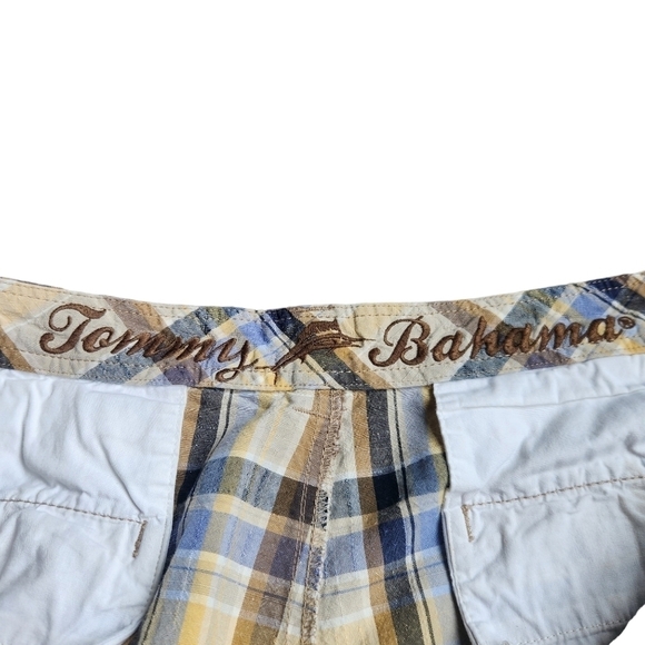 Tommy Bahama men's yellow blue black plaid linen silk blend shorts - Picture 4 of 9